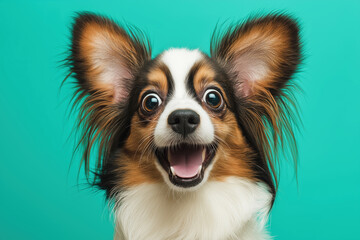 A portrait of a Papillon dog with a surprised and happy expression on face looking at camera over teal background.