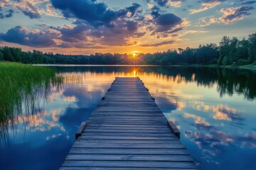 Obraz premium Stunning lake and path with sunset clouds