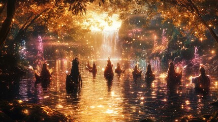 In a mystical and enchanting forest scene, a group of human-like figures is immersed in a serene, glowing body of water. The environment is suffused with ethereal light, primarily golden and purple hu