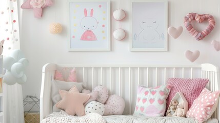 Wall Art: Framed hand-drawn animals and family photos in white frames with pastel accents, enhancing the space with a personal and artistic charm.
