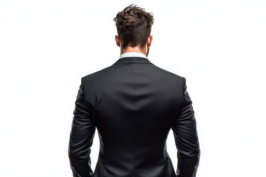 Stylish man wearing suit seen from behind on white background