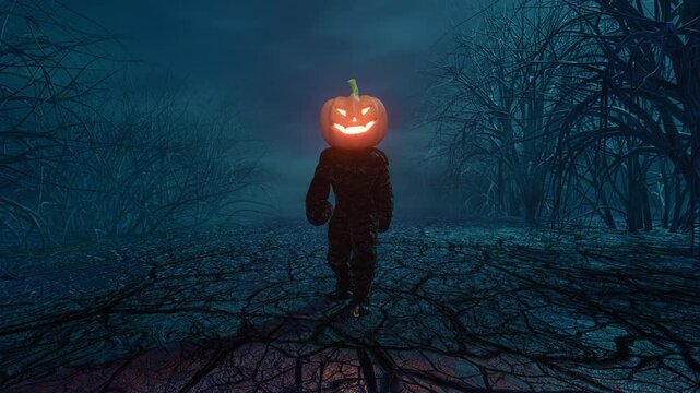 Black creepy man with flaming orange pumpkin headed walks through an eerie dark landscape for Halloween holiday. Horror atmosphere with mysterious Halloween man. Horizontal 3d animation. Stock video