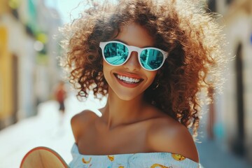 Stylish young woman with curls and penny skateboard smiling outdoors