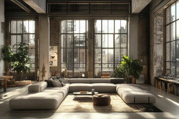 Fototapeta premium Modern industrial living room with large windows.