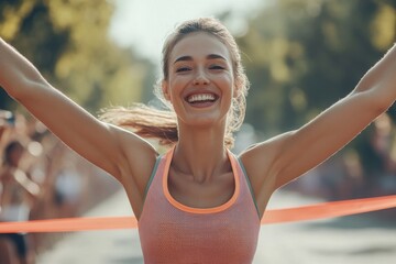 Successful female athlete crossing finish line celebrating victory and feeling empowered Crowd cheers