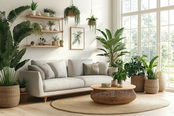 Cozy living room filled with plants and natural light.