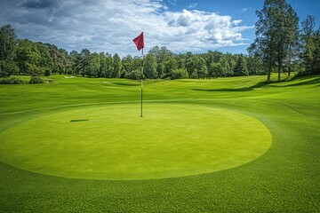 Obraz premium Summer day at a golf course with a flag on the putting green