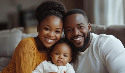 Fototapeta premium A happy black colored family with two children sitting on the sofa at home, laughing and playing together in the living room. High-quality, realistic photograph. 
