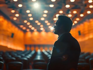 A silhouette of a businessman standing alone in an empty auditorium, spotlight illuminating the stage, ready for the event to begin.