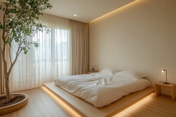 Fototapeta premium Minimalist bedroom with natural elements and cozy design.