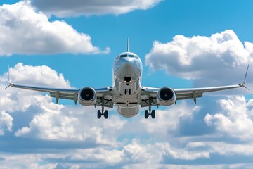 Obraz premium White aircraft landing in bright cloudy sky