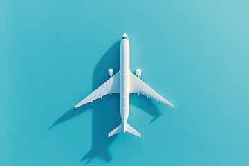 White airplane on blue runway background from top view in a flat lay style Represents summer travel and vacation Banner