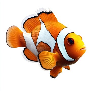 recommend clip art: An orange and white clownfish with black outlines on its fins and body is swimming in a horizontal position against a white background.