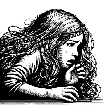 recommend clip art: Portrait of a frightened woman in black and white woodcut style. Raster, generative ai.