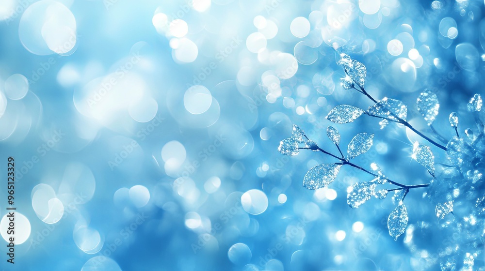 Poster Sparkling Ice Crystals on a Branch Against a Blue Bokeh Background