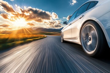 Naklejka premium White car speeds on road amid scenic countryside