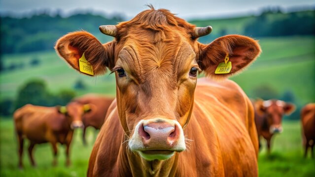 A brown cow stands firmly on the lush green grass, its gentle features and soft fur a stark