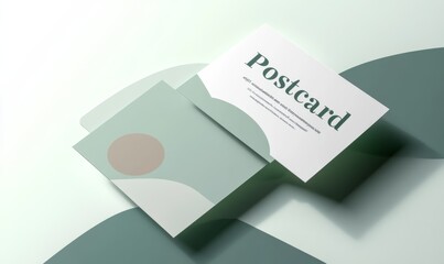 Postcard Template with Large Empty Space for Text, Light Pastel Green and Soft Blue Colors, Minimalist Style, "Postcard" Text in Upper Right Corner, Geometric Shapes Background