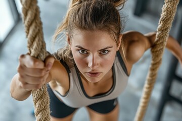Woman athlete ascending rope cross training gym Copy space