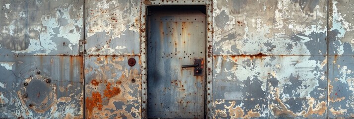 Aged, rusty entrance door or hatch with gray, peeling paint leading to a shelter.