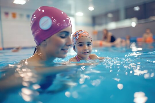 Woman coach teaches girl child swimming in pool