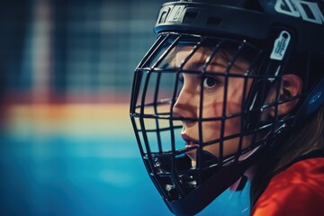 Woman goalkeeper wearing helmet focused on floorball game in gym