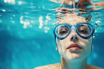 Fototapeta premium Woman in cap and glasses swimming underwater