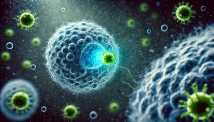 A highly detailed, zoomed-in image of a human cell glowing in blue, with green virus particles attempting to infiltrate the cell membrane.