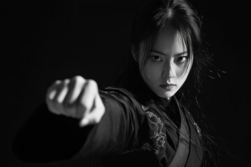 Woman in Studio doing Kung Fu in black and white