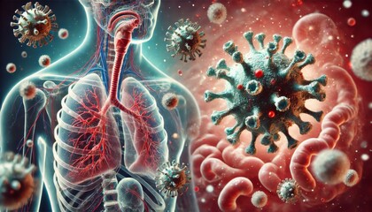 A close-up view of viruses floating in the air, with the background depicting a detailed human respiratory system.