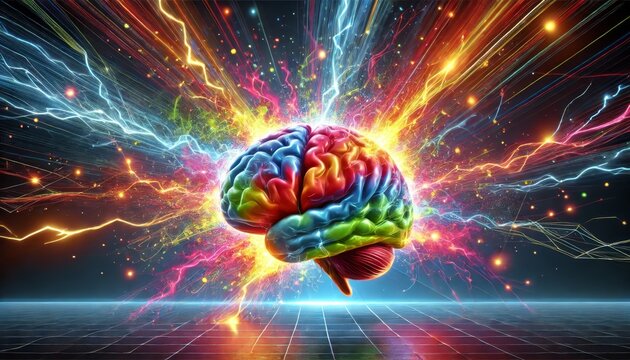A dynamic image of a brain with colorful lightning bolts or energy bursts radiating from it, representing intense brainstorming or creative overload.