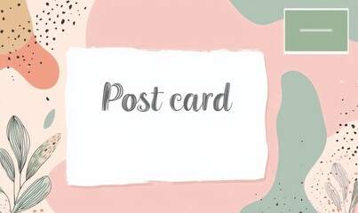 Postcard Template with Large Empty Center Space, Soft Pastel Colors, Simple Geometric Shapes, and a Large White Square for "Postcard" Text in the Top Right Corner, Minimalist Style with Copy Space