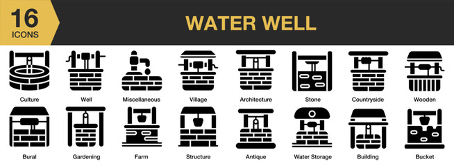 Water Well solid icon set. Includes water storage, bucket, bural, antique, gardening, stone, and More. Solid icons vector collection.