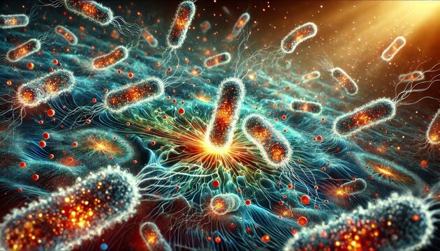 A highly detailed and clean depiction of bacterial communication through quorum sensing without noise or text.