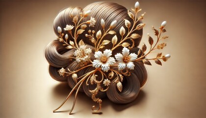 Naklejka premium A luxurious fashion hairpin shaped like golden branches and white flowers, similar to those in the provided floral design.
