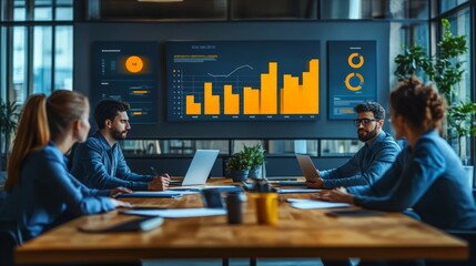 Data-Driven Strategies: A focused business team analyzes glowing financial charts in a modern office, highlighting the power of data visualization in decision-making. 