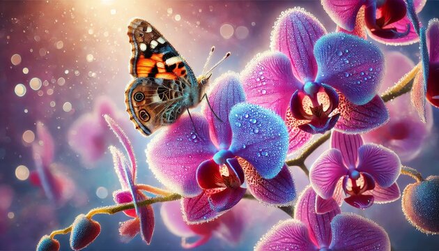 A close-up of a butterfly perched on a vibrant orchid, similar to the previous flower, with delicate wings spread wide.