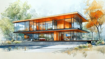 Obraz premium A modern, two-story house with a swimming pool in a natural setting.