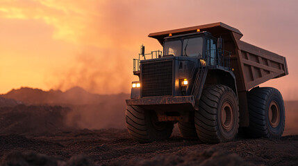 Heavy-duty dump truck operating at sunset, showcasing robust design and industrial power on a construction site.