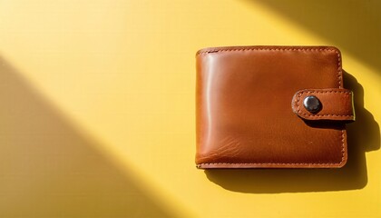 Sunlit Leather Wallet: A rich brown leather wallet rests on a vibrant yellow background, bathed in sunlight.  The image evokes feelings of warmth, security, and financial well-being.