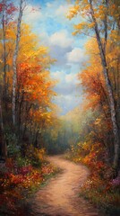 Obraz premium Oil Painting of a Winding Path Through an Autumn Forest