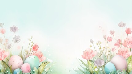 Pastel Easter eggs surrounded by blooming flowers in a serene background
