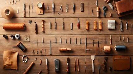 Leather Craft Tools on Wooden Table.