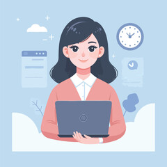business woman with laptop in flat illustration