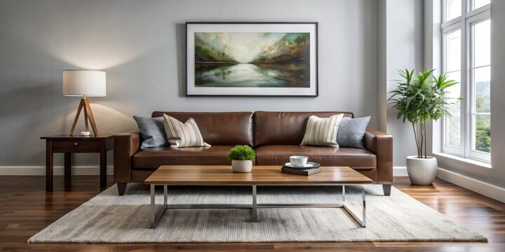 * A cozy room is enhanced by a brown sofa, minimalist white coffee table, and a dramatic 20x30