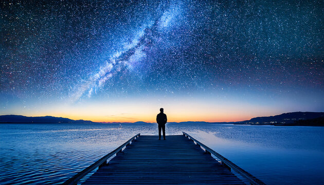 Man standing on a pier at night looking out into the universe starscape