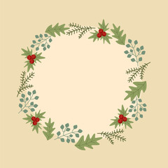 Vector round wreath of Christmas decorations elements. Frame with hilly and fir branches and leaves. Winter holiday plants template. Nice botanical ornament border.