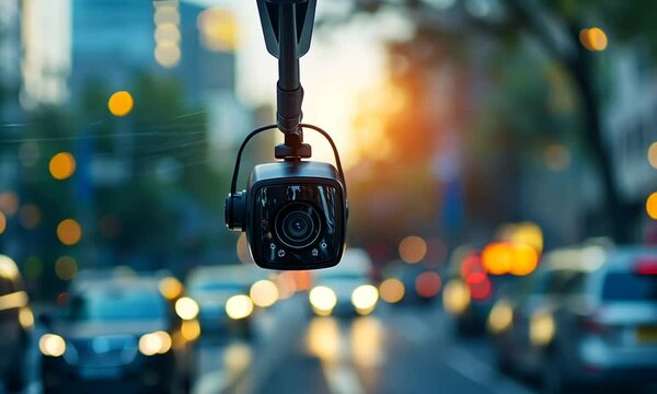 Dashcam View of City Traffic at Sunset