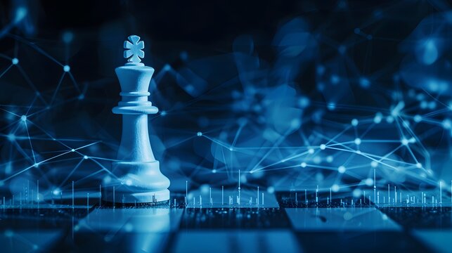 A white chess king piece stands tall on a blue chessboard with a glowing blue network design in the background.