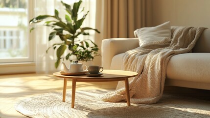 Cozy Scandinavian Living Room with Round Coffee Table and Beige Accents